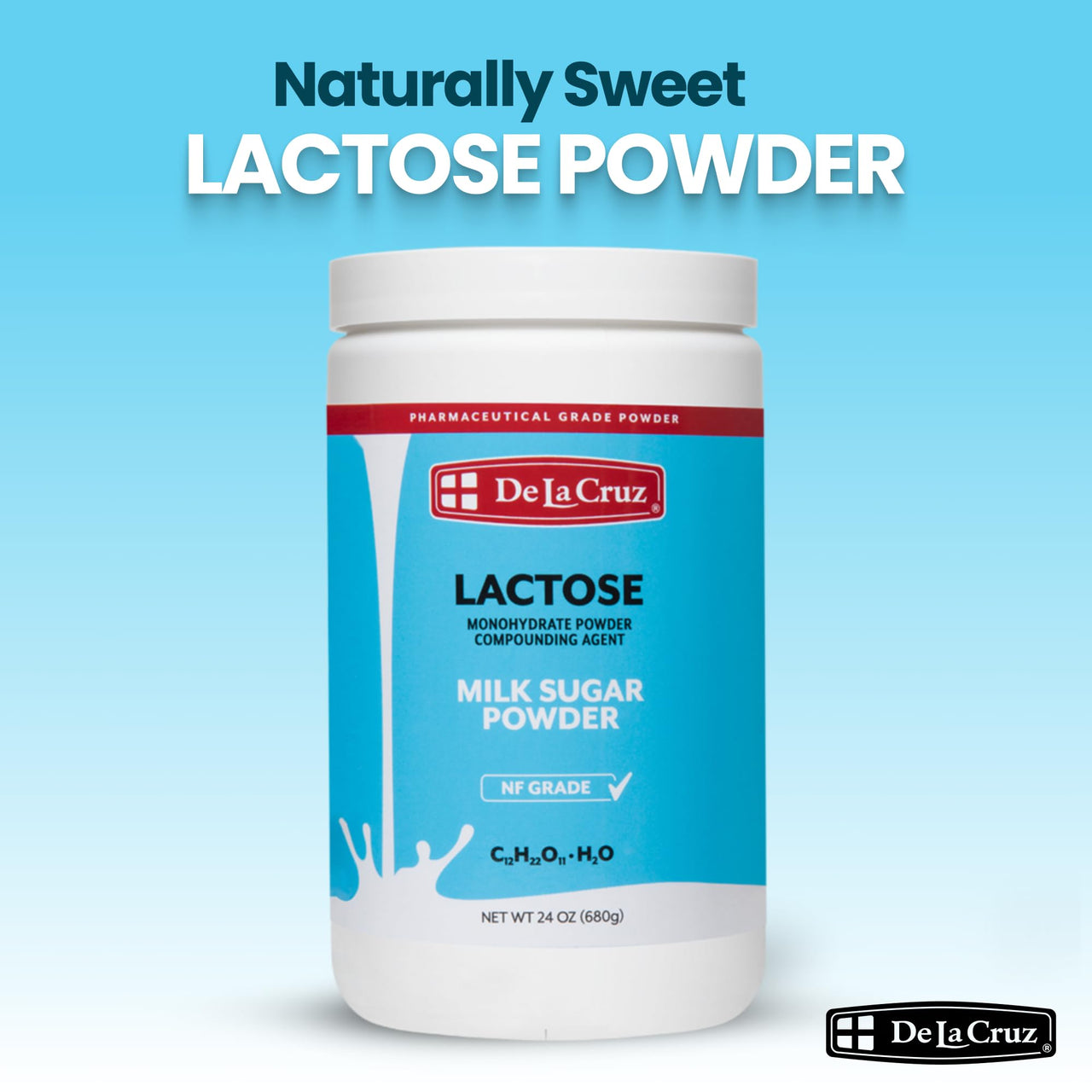 De La Cruz Lactose Powder, Pure Lactose Monohydrate Milk Sugar NF Grade, Powdered Milk, Milk Powder for Baking, 24 oz