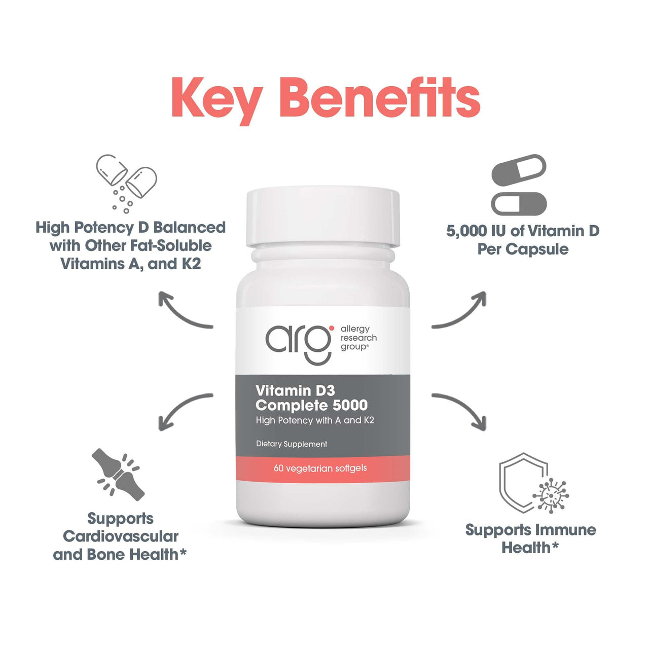 Allergy Research Group Vitamin D3 Complete 5000 - Delivers 125 mcg Vitamin D3 - with Vitamin A & K2 - Supports Bone Strength, Immune Balance & Healthy Mindset - 60 Servings - 60 Capsules
