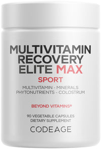 Thumbnail for Codeage Multivitamin Recovery Elite Max Supplement - Vitamins A, C, D, E, B-Complex, Essential Minerals, Antioxidants, Colostrum, Phytonutrients, Pantethine, Non-GMO, Sport Multivitamins - 90 Capsules