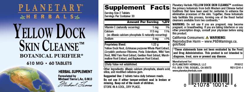 Planetary Herbals Yellow Dock Skin Cleanse, 60 Tablets, 60 Count
