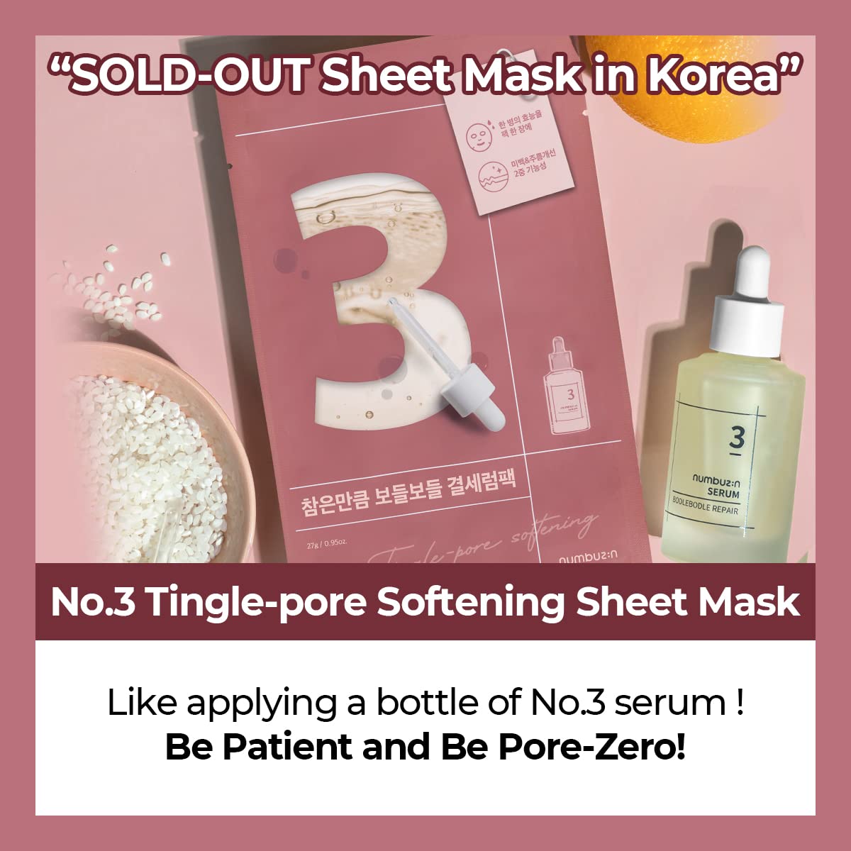 numbuzin No.3 Sheet Mask | Tingle-Pore Softening Sheet Mask | Pore Minimizing, Skin Softening Face Mask with Bifidax | Hydrates, Smooths Rough, Bumpy Skin, Improves Glow | Korean Skincare | 4 Sheets