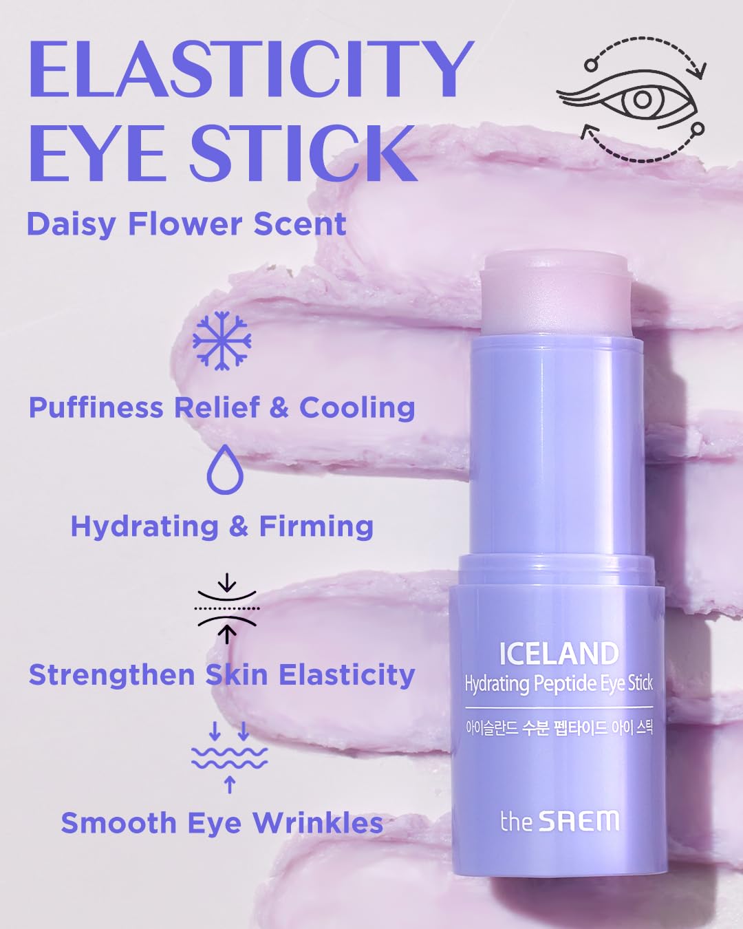 THESAEM Iceland Hydrating Peptide Eye Stick 0.24oz - Elasticity, Cooling, Moisturizing Eye Balm for Loose Skin – Under Eye Treatment - Balm to Smooth Skin Texture - Daisy Flower Scent