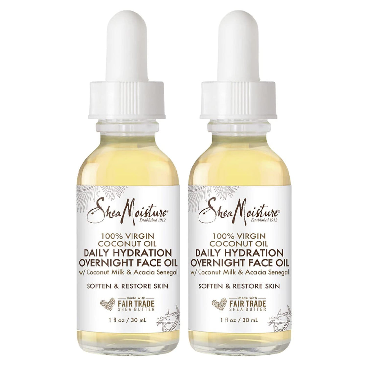 SheaMoisture Coconut Oil for Face - Daily Hydration Overnight Face Oil with Coconut Milk & Acacia Senegal, Argan Oil for Skin, Organic Shea Butter, Hydrating, Vitamin E, 1 Oz (Pack of 2)