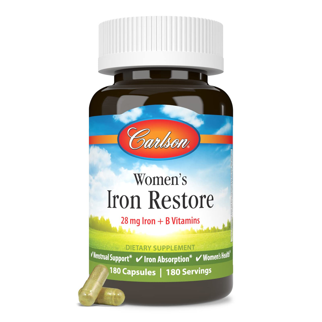 Carlson - Women's Iron Restore, 28 mg Iron + B Vitamins, Menstrual Support, Iron Absorption & Women's Health, 180 Capsules