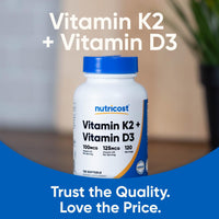 Thumbnail for Nutricost Vitamin D3 + K2 (5000 IU D3 / 100mcg MK7), 120 Softgels – Gluten-Free & Non-GMO