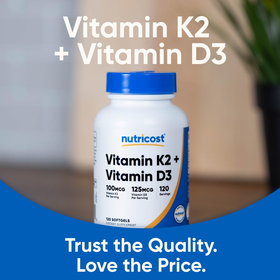 Nutricost Vitamin D3 + K2 (5000 IU D3 / 100mcg MK7), 120 Softgels – Gluten-Free & Non-GMO