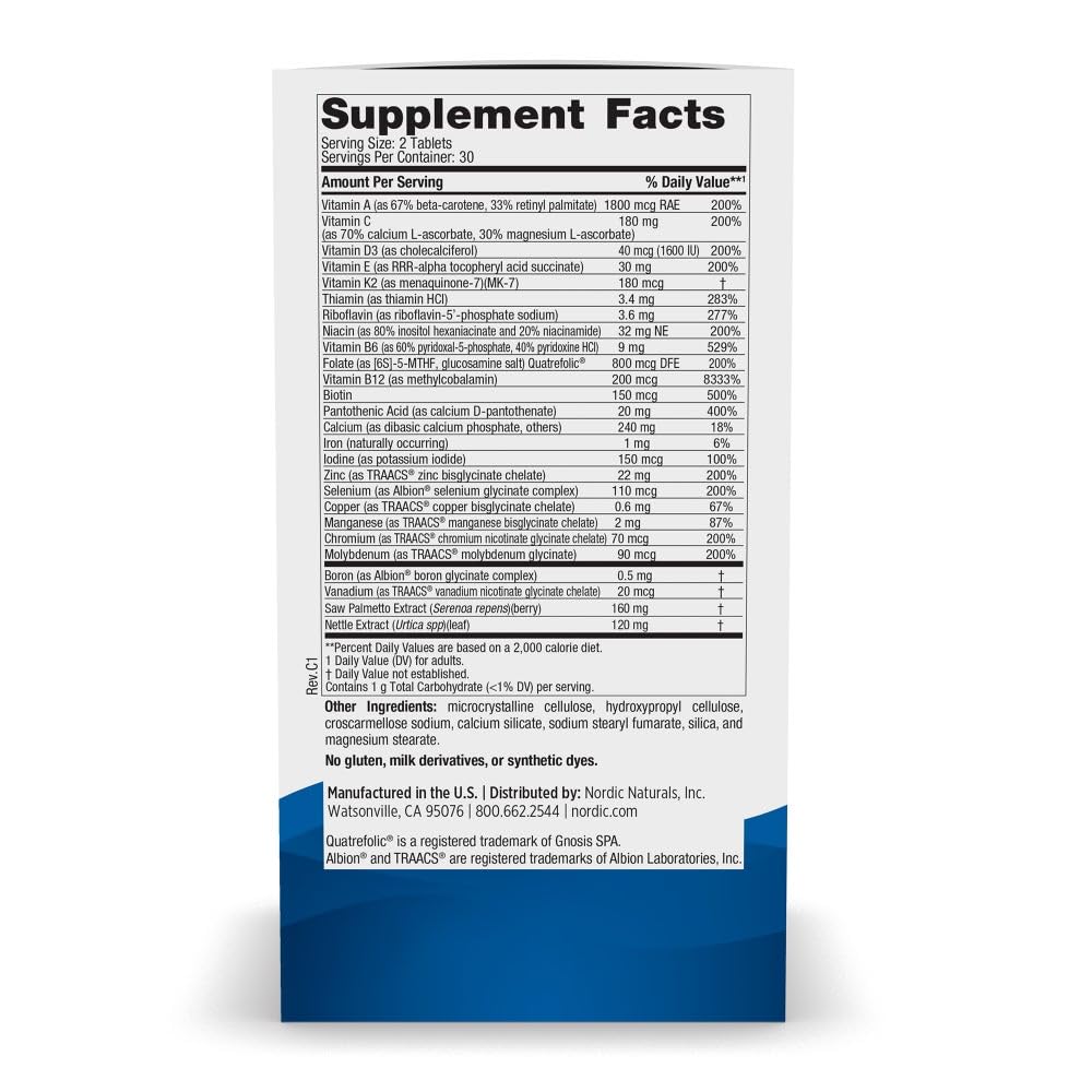 Nordic Naturals Men’s Multivitamin Extra Strength - Bone, Energy, & Blood-Vessel Support - Immunity Supplement - 20 Essential Nutrients - 60 Tablets - 30 Servings