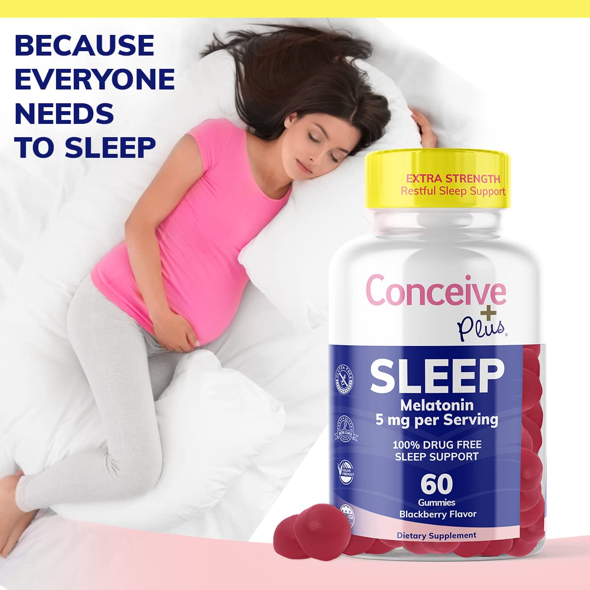 CONCEIVE PLUS Sleep Aid Gummy, 5 mg Melatonin, Supports Deep Restful Sleep, Non Habit-Forming - Delicious BlackBerry Flavor - Non-GMO Gluten-Free 60 Gummies