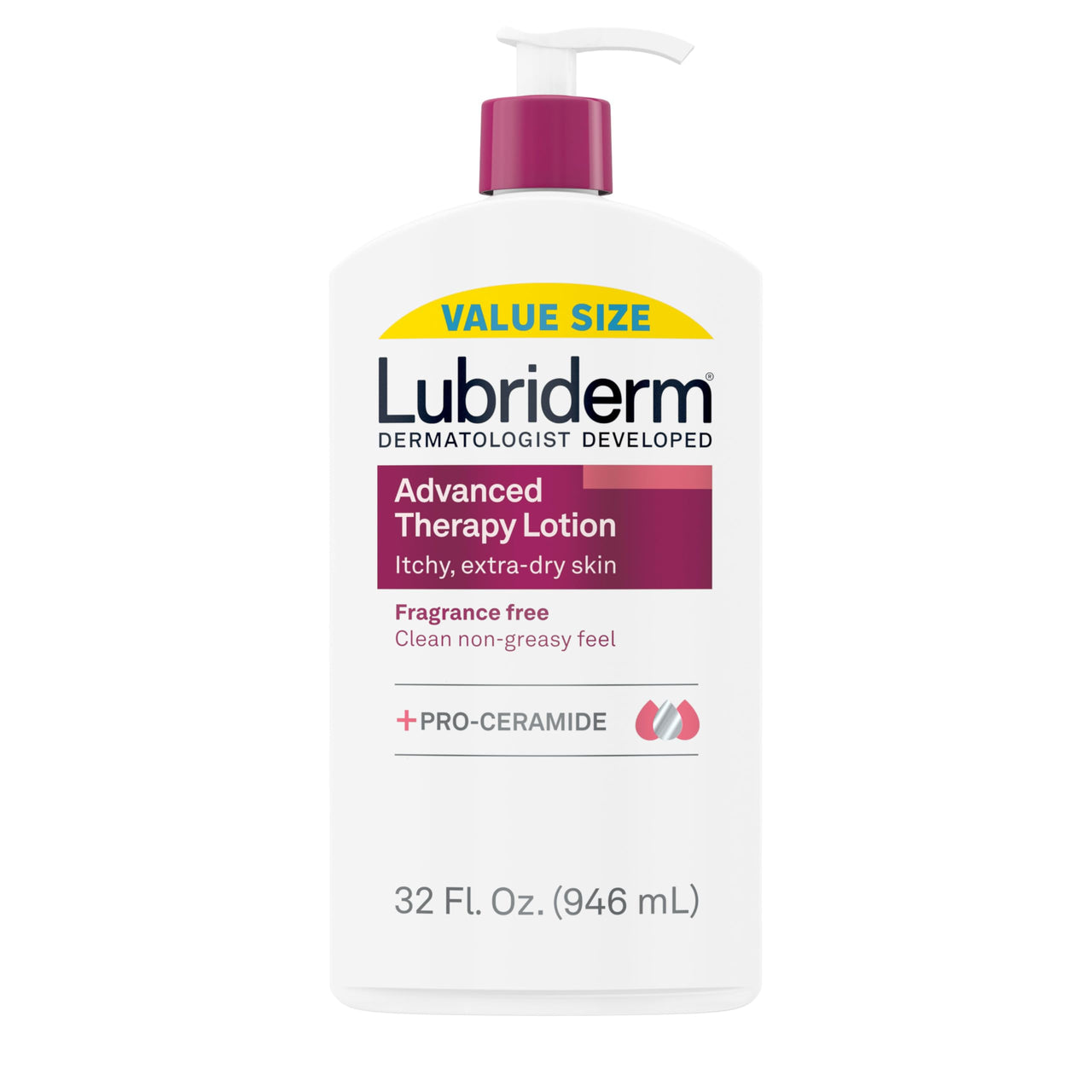 Lubriderm Advanced Therapy Fragrance-Free Moisturizing Hand & Body Lotion + Pro-Ceramide, Intense Hydration for Itchy, Extra Dry, & Sensitive Skin, Non-Greasy, Hypoallergenic, 32 fl. oz