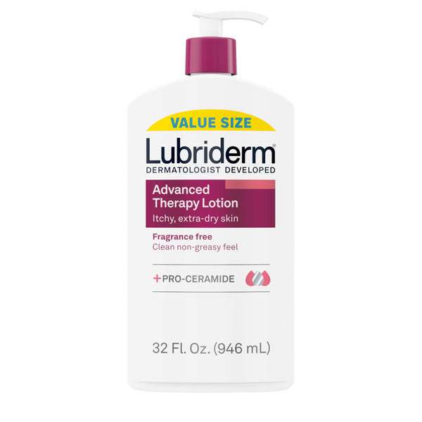 Lubriderm Advanced Therapy Fragrance-Free Moisturizing Hand & Body Lotion + Pro-Ceramide, Intense Hydration for Itchy, Extra Dry, & Sensitive Skin, Non-Greasy, Hypoallergenic, 32 fl. oz