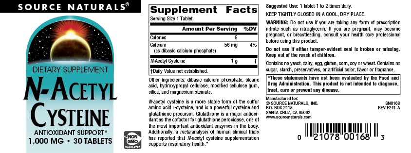 Source Naturals N-Acetyl Cysteine Antioxidant Support 1000 mg Dietary Supplement that Supports Respiratory Health* - 30 Tablets