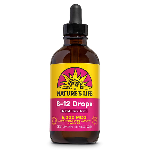 Nature's Life B12 Drops 5000 mcg - Vitamin B12 Methylcobalamin - Liquid B12 Supplement for Energy Metabolism, Nerve Function and Red Blood Cell Support Natural Mixed Berry, Sugar Free (200 Serv, 4oz)