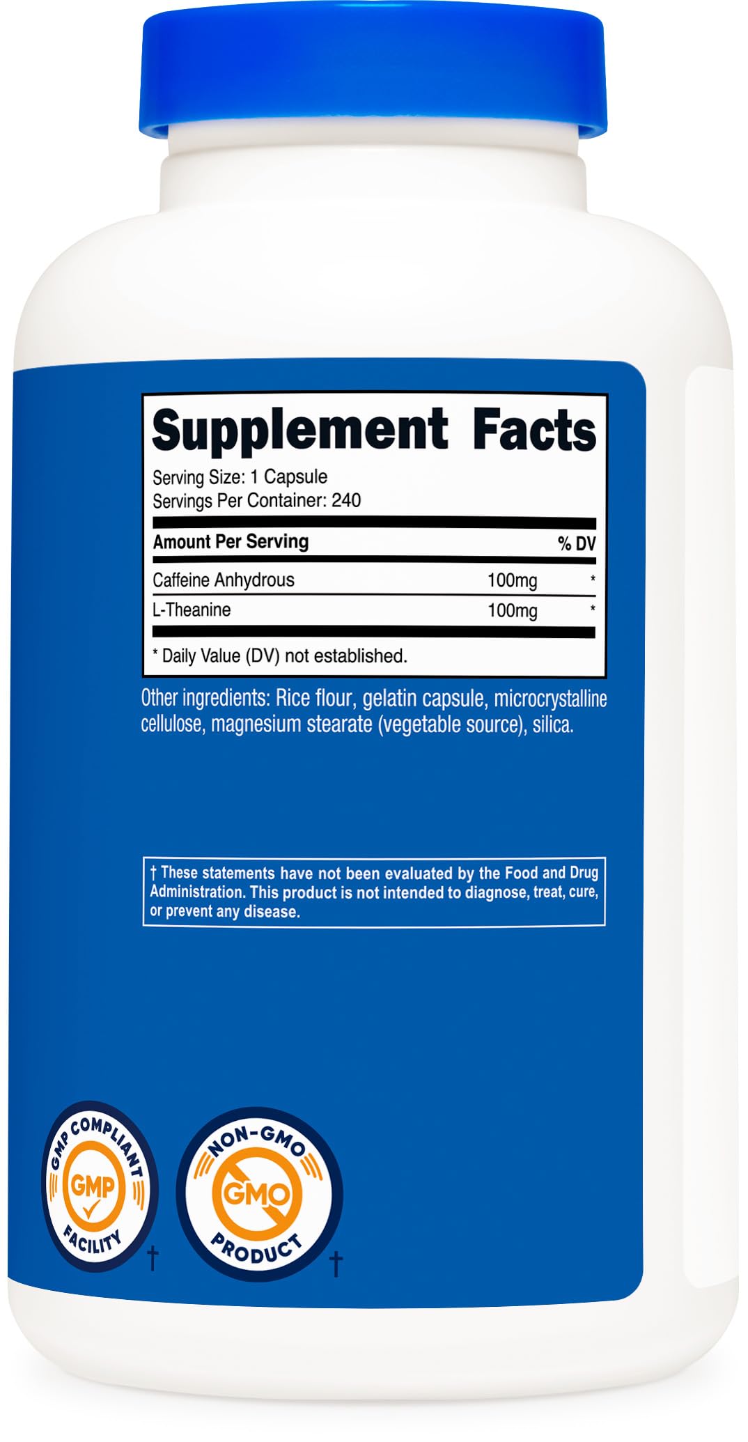 Nutricost Caffeine with L-Theanine, 100mg of Each, 240 Capsules, 240 Servings - Non-GMO and Gluten Free