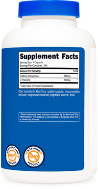 Thumbnail for Nutricost Caffeine with L-Theanine, 100mg of Each, 240 Capsules, 240 Servings - Non-GMO and Gluten Free