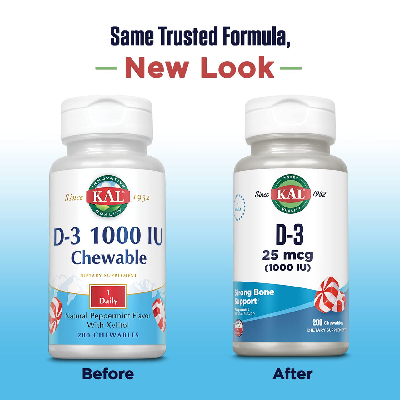 KAL Vitamin D-3 1000 IU Chewable | Peppermint Flavor | Healthy Immune Function & Bone Support | 200 Chews, 200 Serv