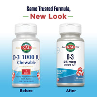 Thumbnail for KAL Vitamin D-3 1000 IU Chewable | Peppermint Flavor | Healthy Immune Function & Bone Support | 200 Chews, 200 Serv