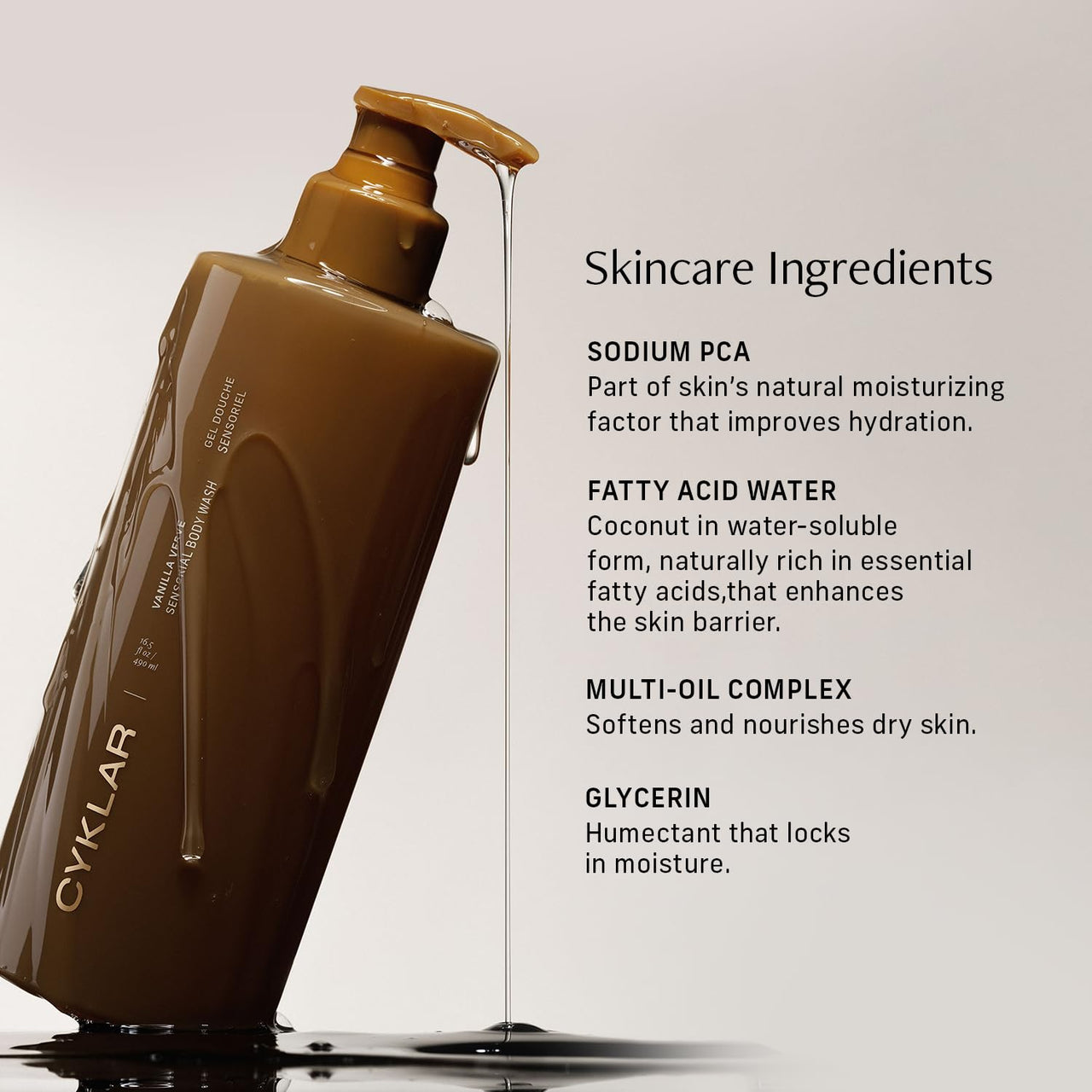 CYKLAR Sensorial Body Wash. Vanilla Verve Hydrating Cleanser with Moisture Locking Multi-Oil Complex, Sodium PCA and Glycerin. Nourishing Shower Gel for Women and Men, 16.5 Fl Oz Luxury Bodywash