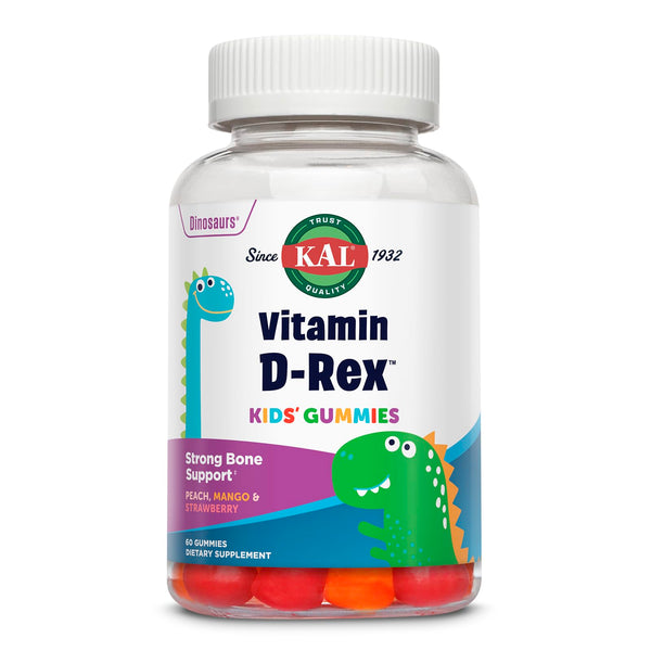 KAL Vitamin D-Rex - Vitamin D Gummies for Kids - Kids Vitamin D3 - Peach, Mango, and Strawberry Flavors - Immune, Heart, Bone & Oral Support - Vegetarian, Gluten Free - 60 Servings, 60 Gummies
