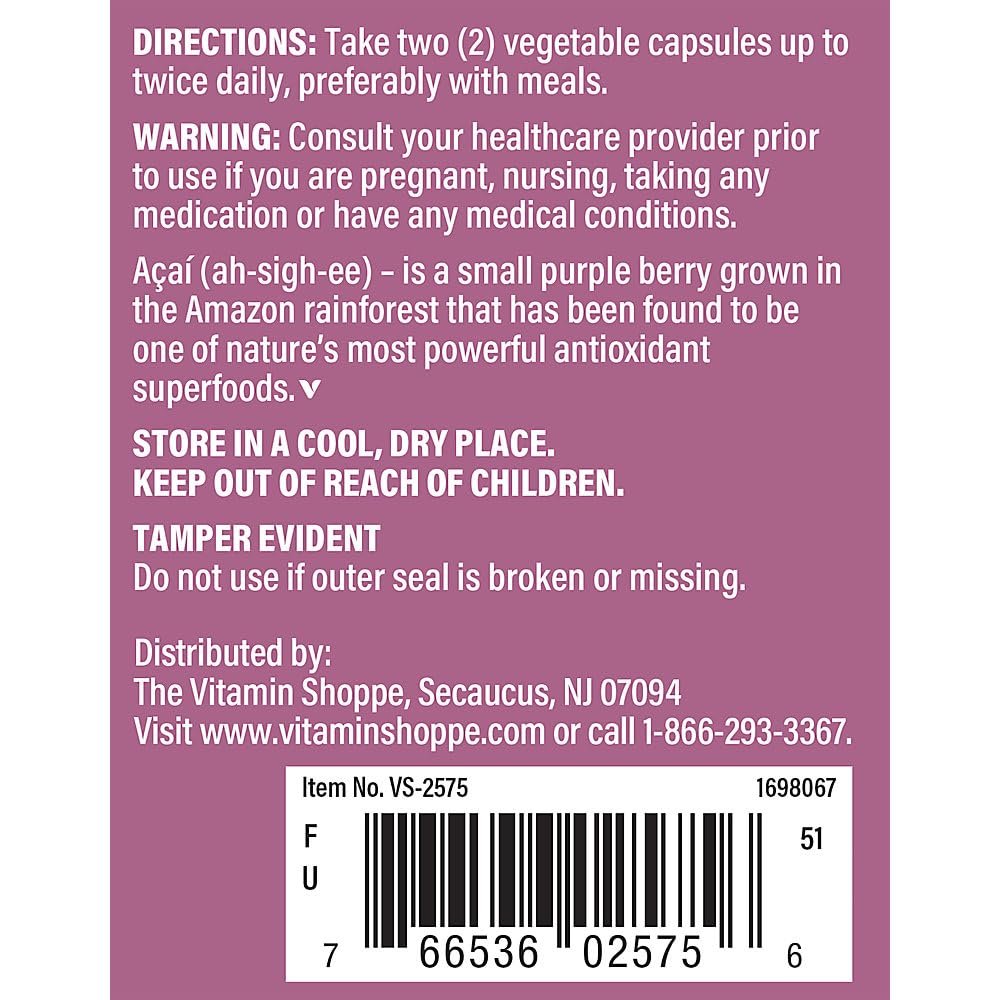The Vitamin Shoppe Acai Extract, A Powerful Antioxidant Superfood for Cellular Health (120 Veggie Capsules)