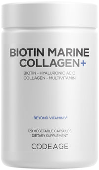 Thumbnail for Codeage Biotin Marine Collagen Peptides - Wild-Caught Marine Collagen Types I & III, Biotin, Vitamins C & E, Hyaluronic Acid, Amino Acids, Fruit and Herb Blend, Non-GMO - 120 Capsules
