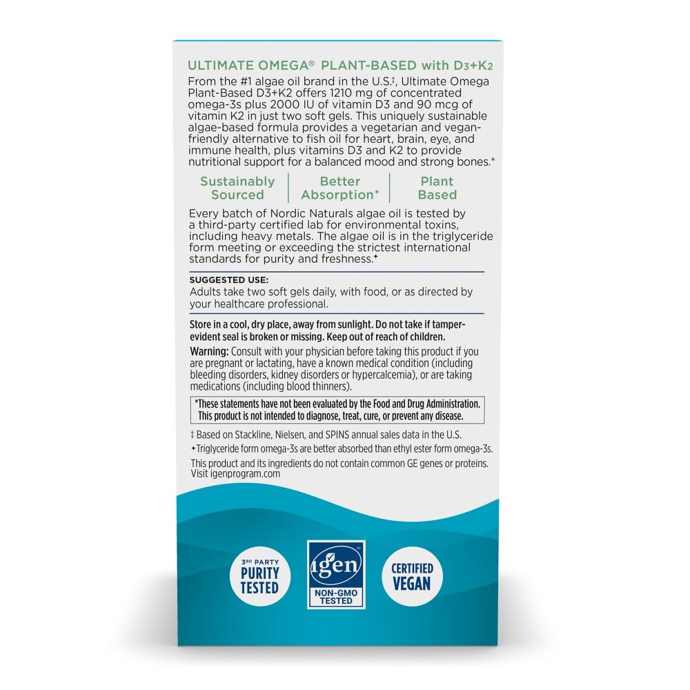 Nordic Naturals Ultimate Omega Plant Based Vitamin with Vitamin D3+K2-60 Vegetarian Soft Gels - 1210 mg Omega-3s Plus 2000 IU D3 and 90 mcg K2 - Promotes Brain Health - Non GMO - 30 Servings