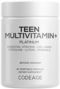Thumbnail for Codeage Teen Multivitamin+ Platinum Supplement - Vitamins A, C, D3, E, B6, B12, Minerals, Probiotics, Citicoline, Collagen, Bone Broth, Folate, Biotin, Lutein, Zeaxanthin - Non-GMO - 60 Capsules