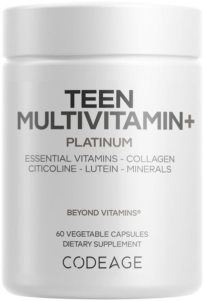 Codeage Teen Multivitamin+ Platinum Supplement - Vitamins A, C, D3, E, B6, B12, Minerals, Probiotics, Citicoline, Collagen, Bone Broth, Folate, Biotin, Lutein, Zeaxanthin - Non-GMO - 60 Capsules