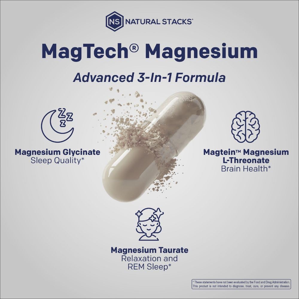 Magtein Magnesium L-Threonate, Glycinate & Taurate – 200mg Chelated Magnesium Complex – MagTech Magnesium Supplement for Relaxation & Brain Health – 90 Capsules