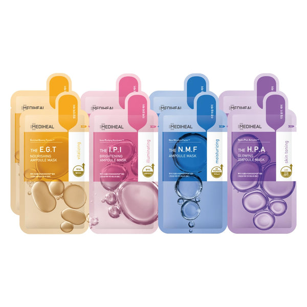 Mediheal Korean Ampoule Combo Mask Sheet Pack of 8 - E.G.T, I.P.I, N.M.F, H.P.A - Value Variety Pack - Hydrating Daily Skincare Sheet Face Sheet Mask - Korean Skincare