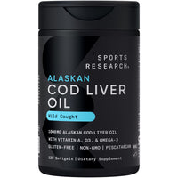 Thumbnail for Sports Research® Omega-3 Wild Alaskan Cod Liver Oil 1000mg with Vitamins A (1000 IU) & D3 (400 IU) - Burpless, Bovine Free, Non-GMO, & MSC Certified Sustainable - 120 Softgels
