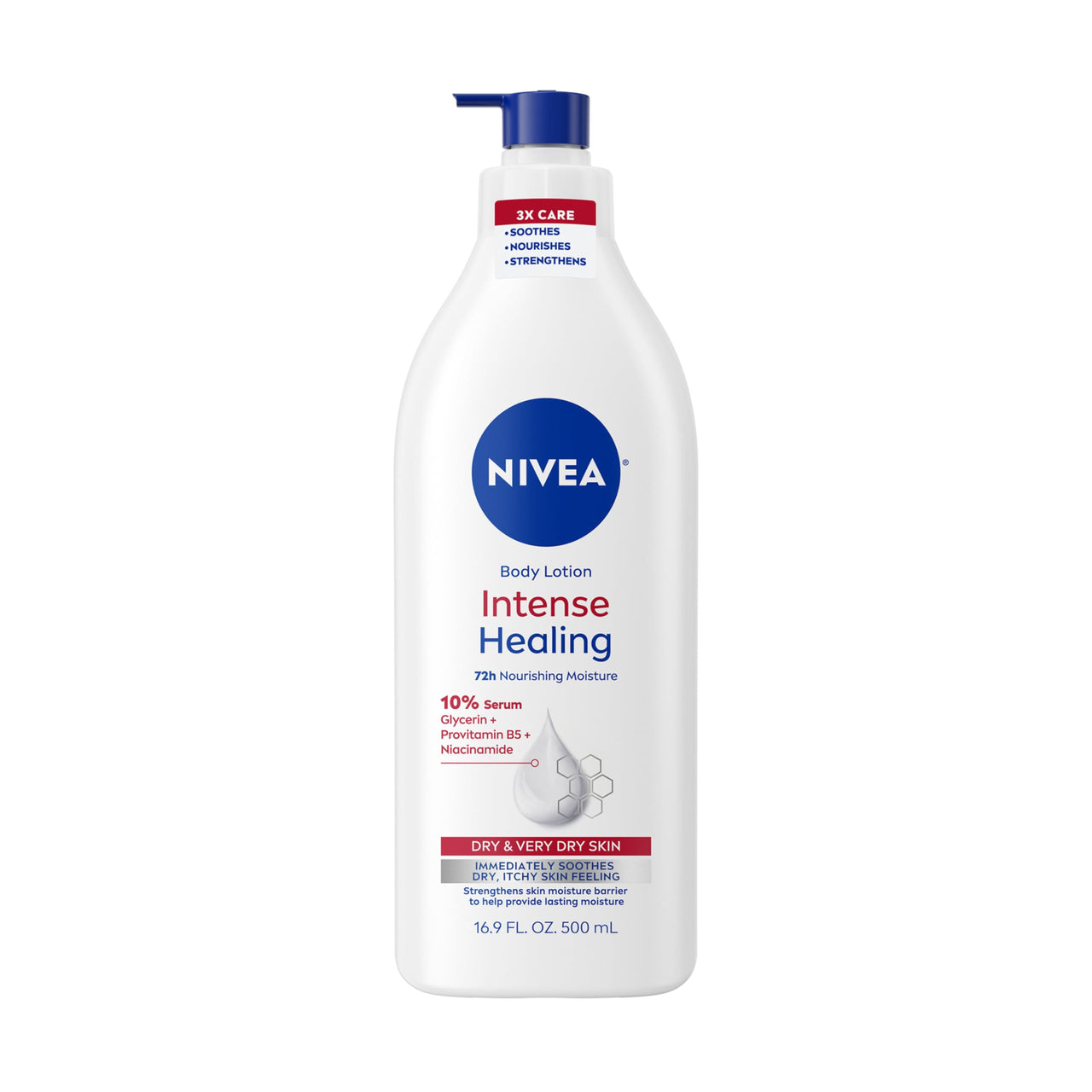 NIVEA Intense Healing Body Lotion for Very Dry, Itchy Skin with Glycerin, Provitamin B5 and Niacinamide, 72-Hour Body Moisturizer, 16.9 Fl Oz Pump Bottle
