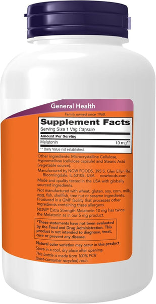 Now Foods Supplements, Melatonin, Extra Strength 10 mg, Free Radical Scavenger*, Healthy Sleep Cycle*, 200 Veg Capsules (Pack of 2)