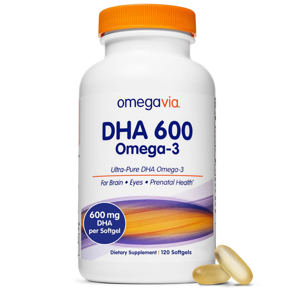 OmegaVia DHA 600 mg, Ultra Pure Omega-3 DHA Supplements for Brain and Eyes, DHA Prenatal Vitamins for Women, Burpless Fish Oil Omega 3, IFOS Tested, 120 Softgels