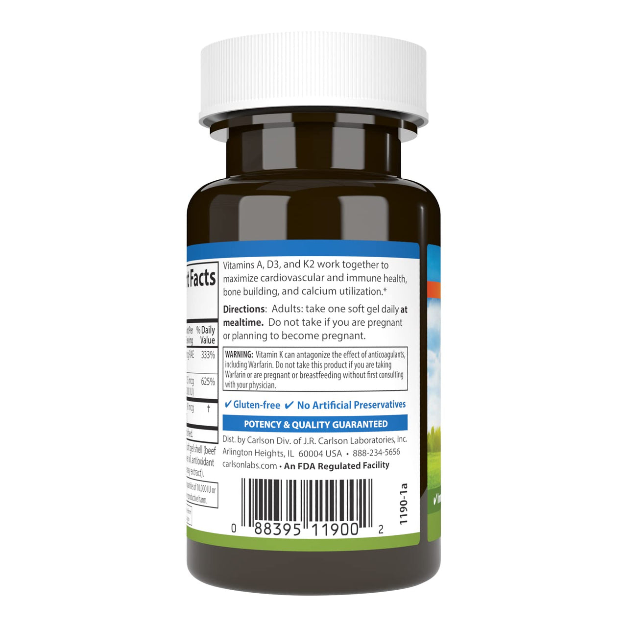 Carlson - Vitamins A, D3, K2, 3000 mcg RAE Vitamin A, 125 mcg Vitamin D3, 90 mcg Vitamin K2 as MK-7, Bone Building, Calcium Utilization, 60 Soft Gels
