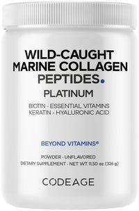 Thumbnail for Codeage Marine Collagen Protein Powder Supplement Platinum - Biotin 10,000 mcg, Vitamin C, D3 & B6, Keratin, Hyaluronic Acid, Niacin, Wild Caught Hydrolyzed Fish Collagen Peptides - Non-GMO - 11.50 oz