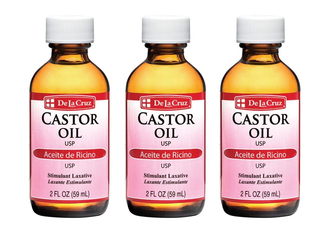 De La Cruz Castor Oil - 100% Pure Castor Oil for Hair, Skin, Eyelashes, and Eyebrows - USP Grade, 2 FL Oz (3 Glass Bottles)