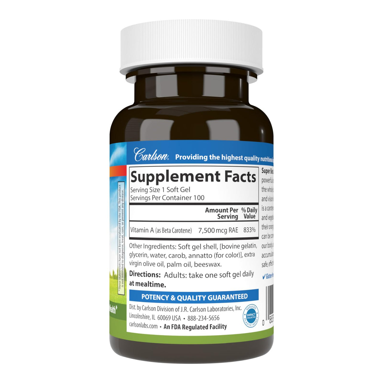 Carlson Super Beta Carotene 25,000 IU, Vitamin A as Beta Carotene, Antioxidant Support for Vision, Skin & Immune Health, 100 Soft Gels