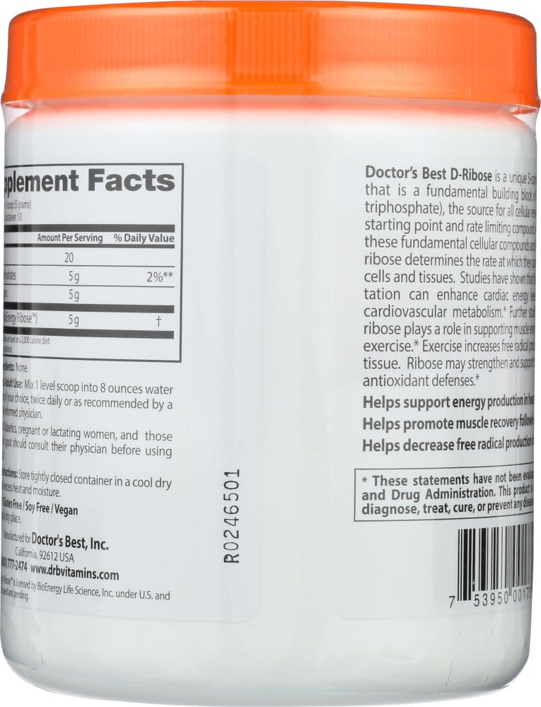 Doctor's Best D-Ribose with Bioenergy Ribose, Non-GMO, Vegan, Gluten Free, Energy Enhancement, 250g, 8.8 Ounce (Pack of 1)