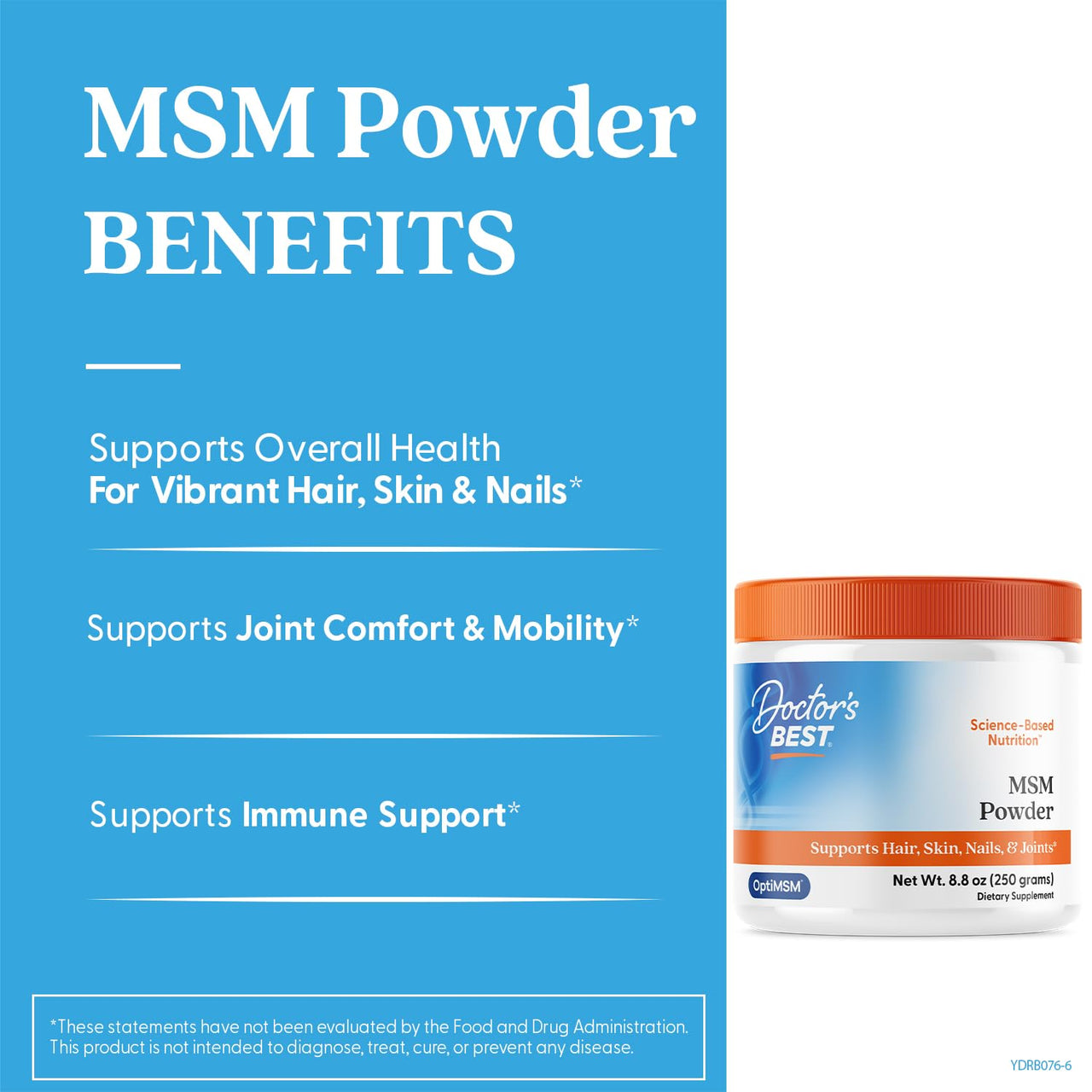 Doctor's Best MSM Powder Supplement for Men & Women - Supports Hair, Skin, Nails, Joint Health, & Mobility, Delivers Beneficial Sulfur with OptiMSM, Gluten Free, Soy Free, Non GMO, Vegan - 8.8 oz