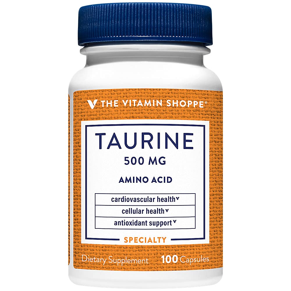 The Vitamin Shoppe Taurine 500mg with B6 - Cardiovascular & Antioxidant Support | Free-Form Amino Acid | 100 Capsules | Cellular Health
