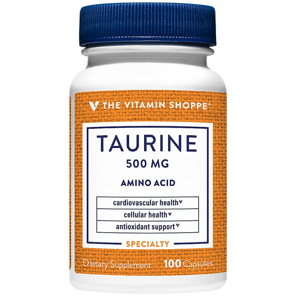 The Vitamin Shoppe Taurine 500mg with B6 - Cardiovascular & Antioxidant Support | Free-Form Amino Acid | 100 Capsules | Cellular Health