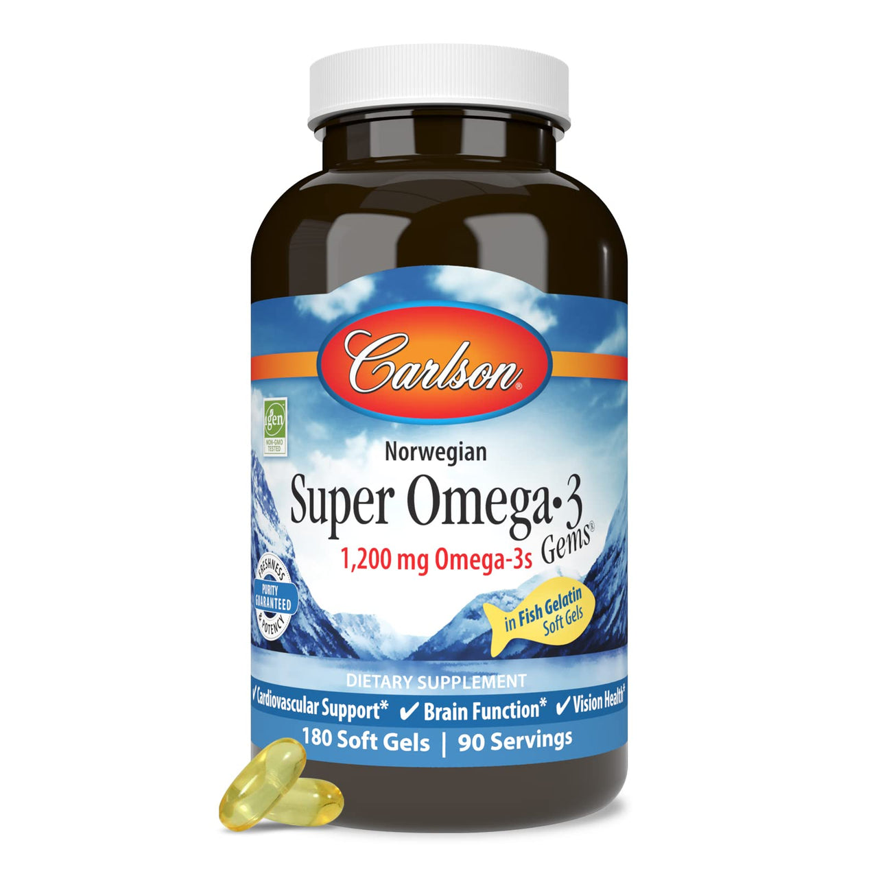 Carlson - Super Omega-3 Gems, 1200 mg Omega-3s, Cardiovascular Support, Brain Function & Vision Health, Norwegian, 180 soft gels
