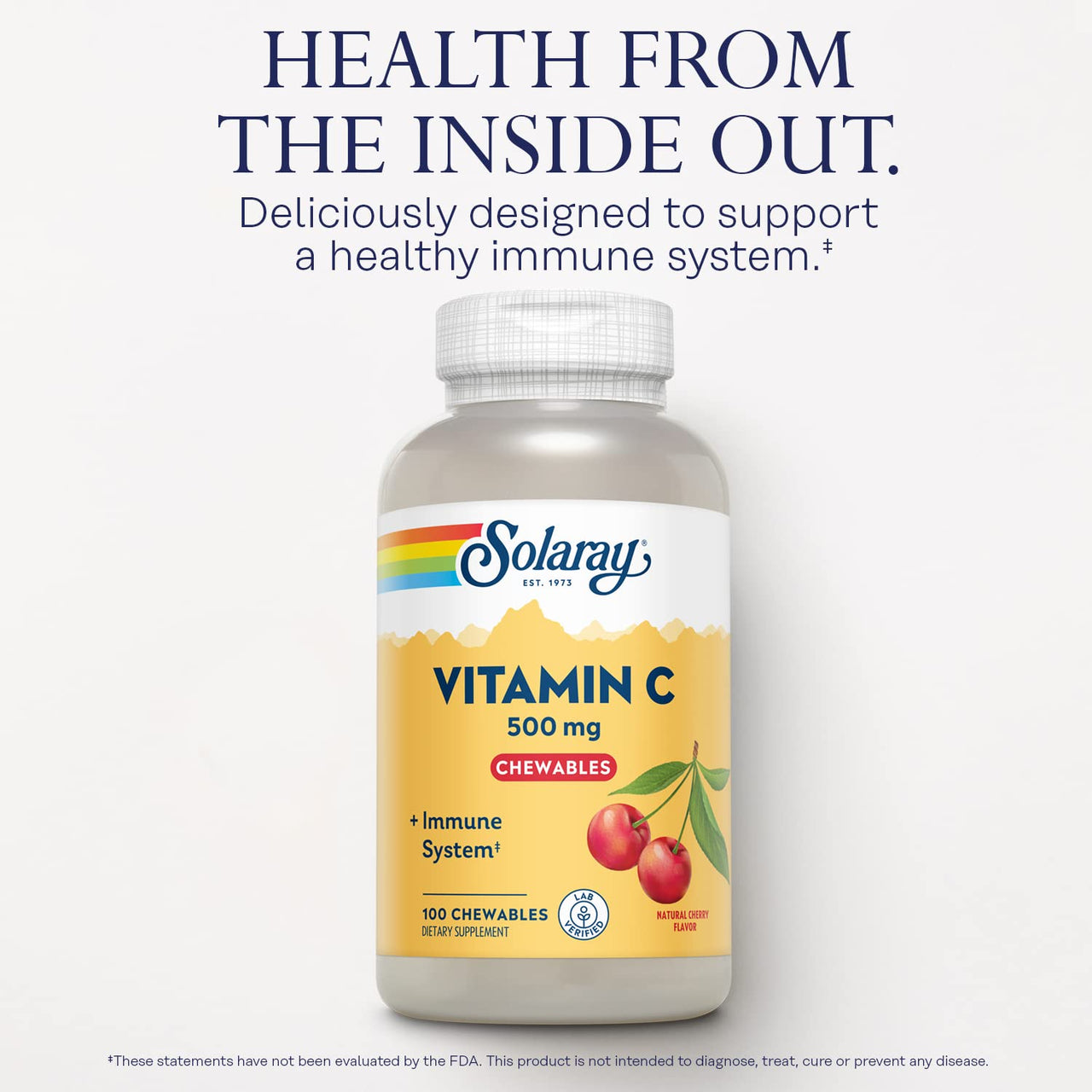 SOLARAY Chewable Vitamin C 500 mg, Natural Cherry Flavor with Natural Sweeteners, Antioxidant and Immune Support Supplement with Whole Food Base, 60-Day Guarantee, 100 Servings, 100 Chewables