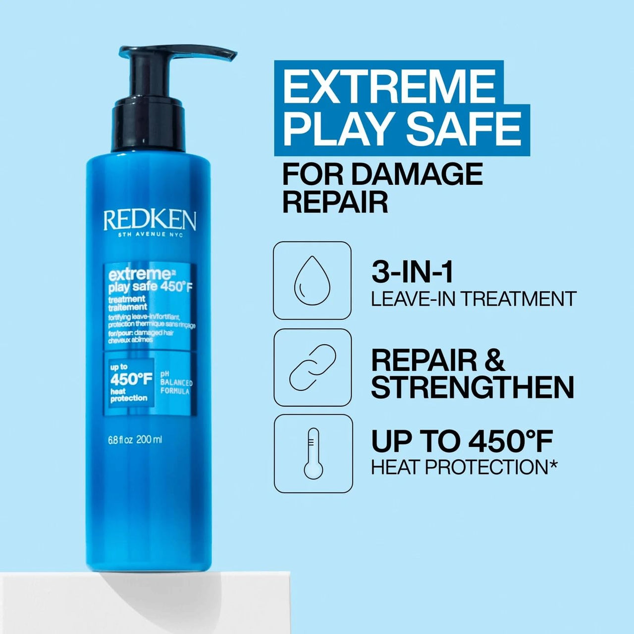 Redken Extreme Play Safe Heat Protectant Spray & Leave In Conditioner| For All Hair Types | Helps Reduce The Appearance of Split Ends | With Tourmaline | 6.8 Fl Oz
