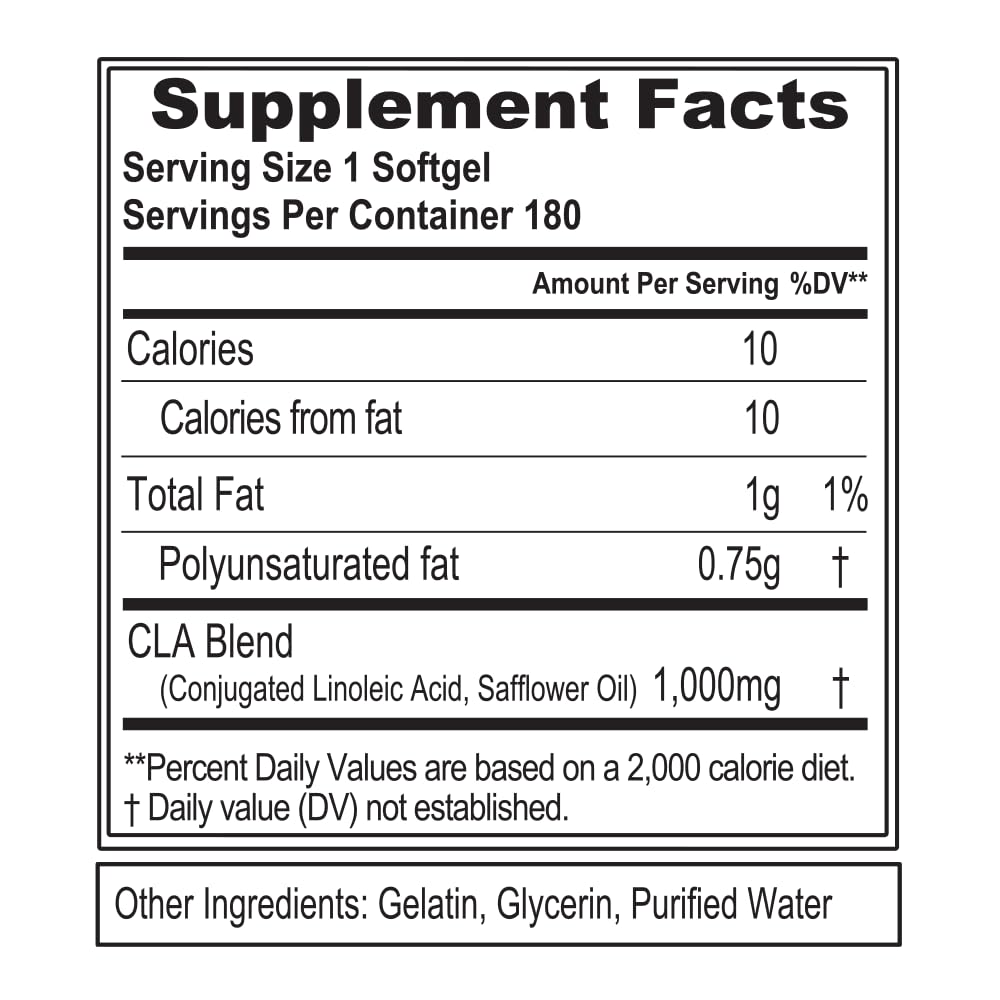 Conjugated Linoleic Acid CLA Pills - CLA 1000mg Diet Pills to Support Weight Loss Fat Burning Lean Muscle and Faster Metabolism - Stimulant-Free CLA 1000mg Safflower Based Fat Loss Support Pills - 180