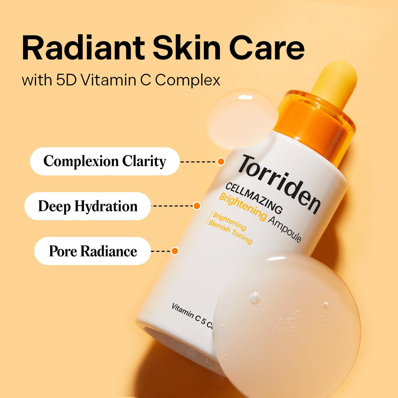 Torriden CELLMAZING Vita C Ampoule 30ml (1.01 fl.oz.) | Refining Sagging Pores and Skin Texture | 5D Vitamin C, Seaweed Complex, Panthenol | Korean Facial Serum