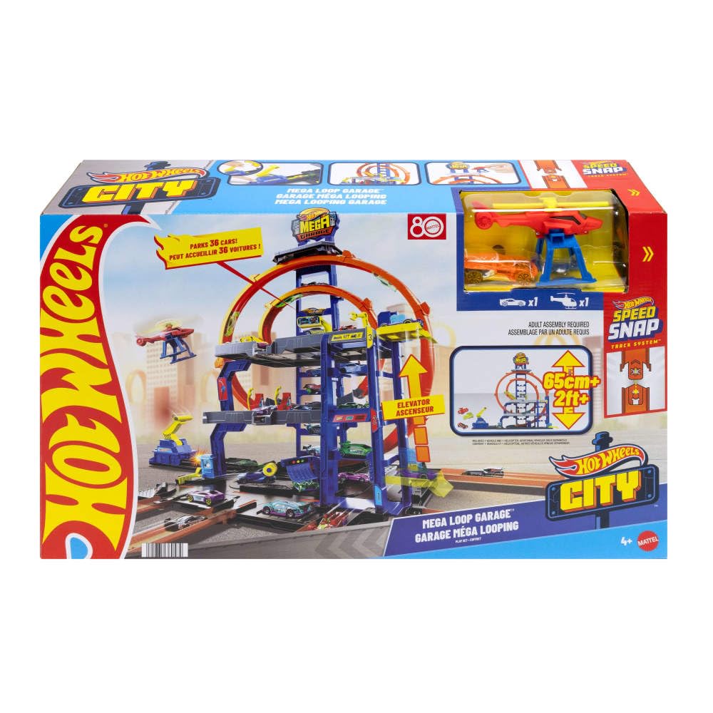 Hot Wheels Mega Loop Garage Track Set with Toy Car & Helicopter