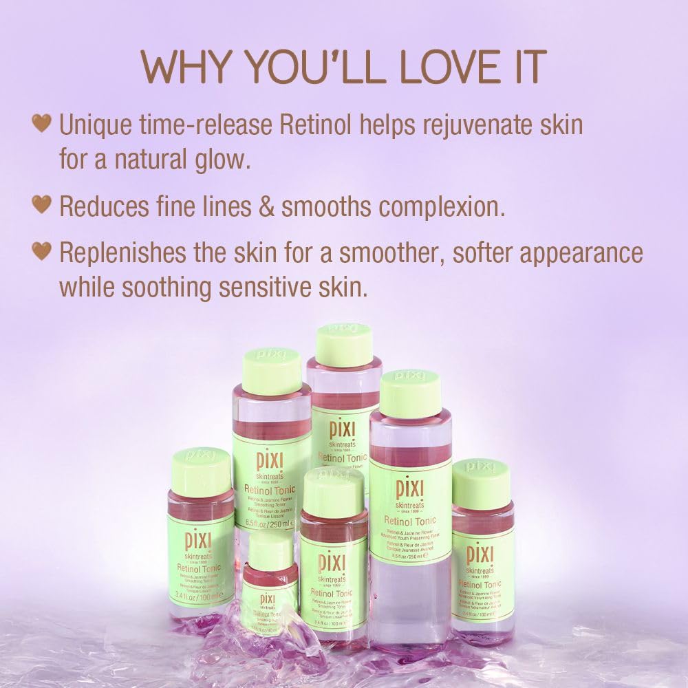 Pixi Retinol Tonic, Smoothing & Firming Facial Toner, Enhanced with Peptides to Boost Collagen Production, Alcohol-Free Daily Rejuvenating Toner, 250 ml / 8.5 fl oz