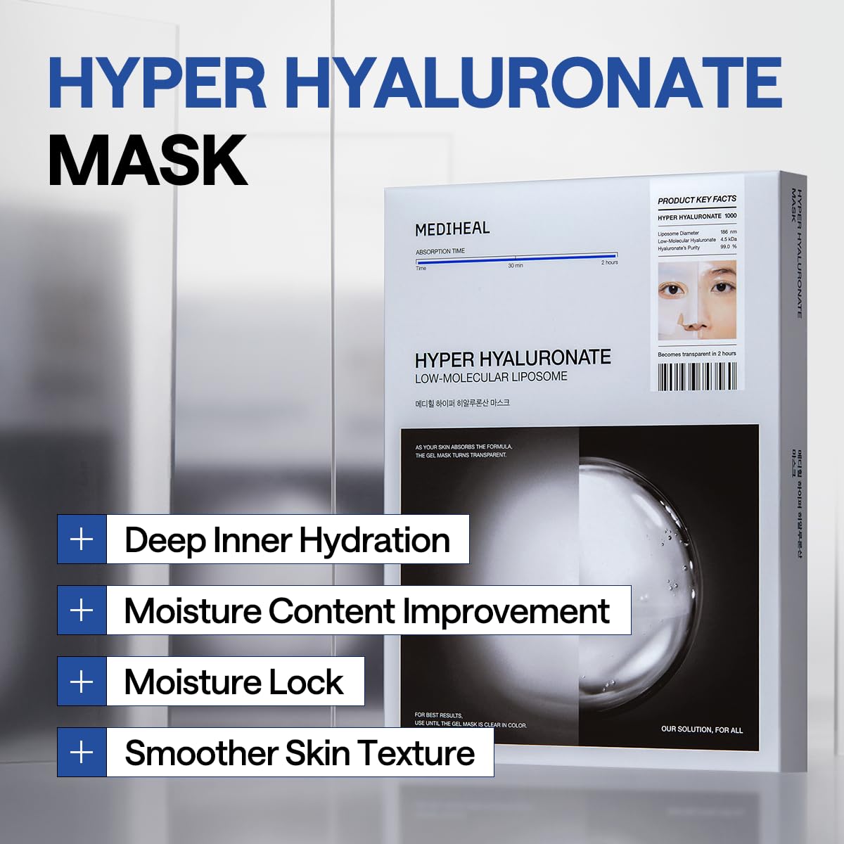 Mediheal Hyper Hyaluronate - Hydrogel Moisture Deep Mask, Overnight Hydrating & Plumping Gel Mask, Long-Lasting Moisture Lock, Smooth & Supple Skin Care, Korean Skincare (10ea)