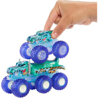 Thumbnail for Hot Wheels Monster Trucks Multipack, 1:64 Scale Mega-Wrex & Tiger Shark Toy Trucks with Big Rigs in Matching Power Smashers Deco